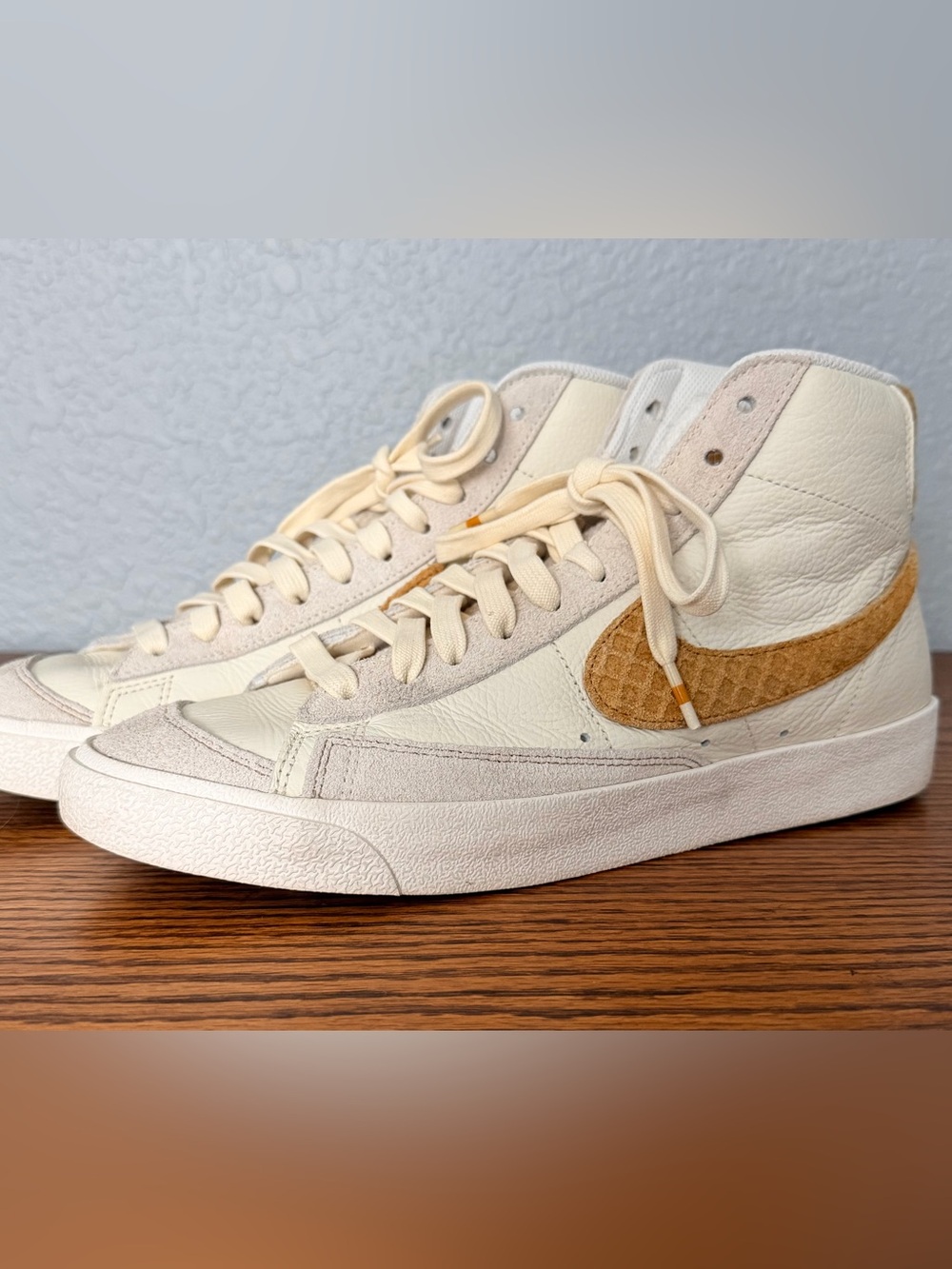 Nike Cream Leather & Tan Swede High-Top Sneakers with Waffle texture Swoosh